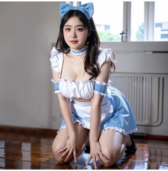 FEE ET MOI - Sweetheart Strapless Ruffle Maid Costume (Plus Size - Blue White)